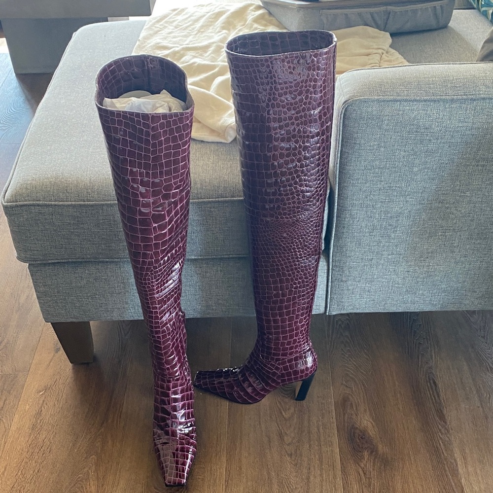 KHAITE Marfa Croc-effect over-the-knee Boots in Rich Burgundy